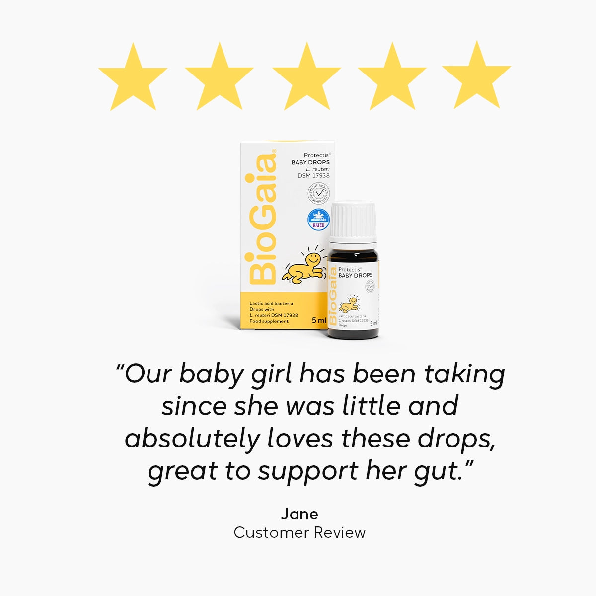 BioGaia Protectis Baby Drops 5ml bottle and box with a five-star customer review quote from Jane below
