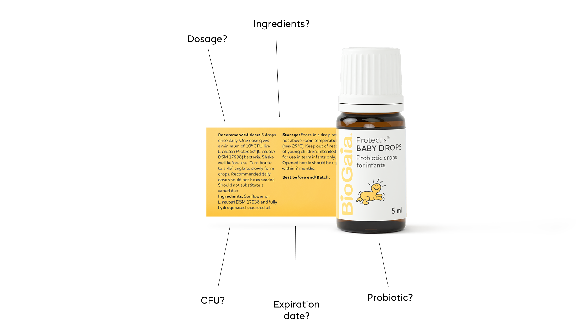 BioGaia Protectis Baby Drops bottle with extended product label. Label includes dosage instructions, ingredients (sunflower oil, L. reuteri DSM 17938, rapeseed oil), and storage guidelines. Designed for infant gut health.
