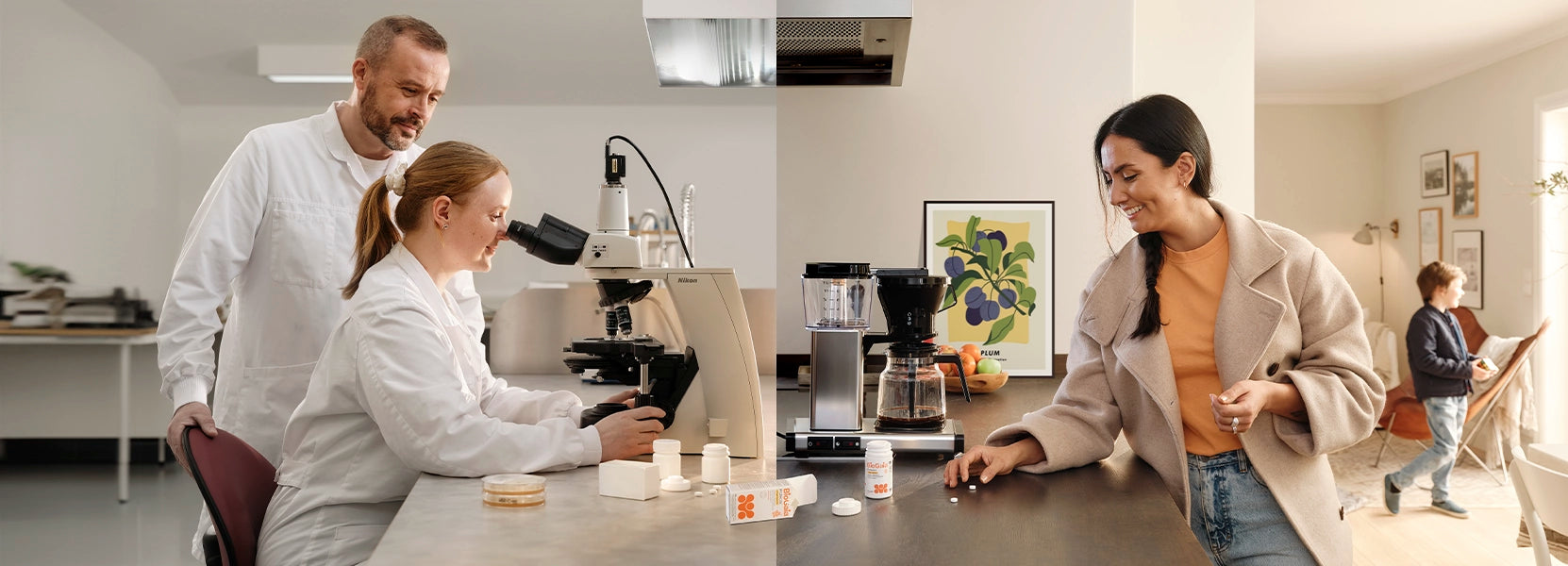 Split scene showing scientists working with a microscope in a lab on the left, and a woman smiling in a home kitchen on the right, picking up a probiotic tablet near a coffee machine, with a child in the background.