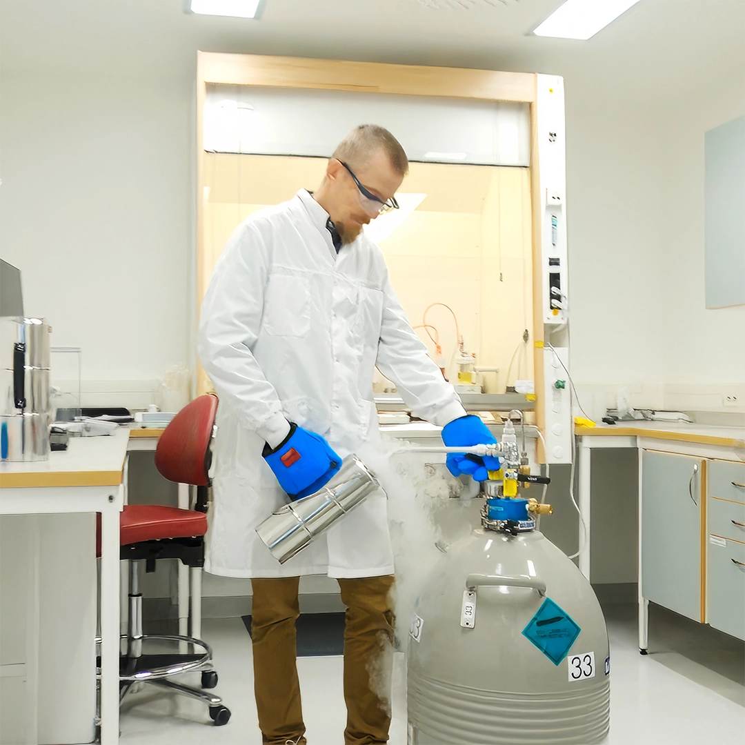 Scientist in lab coat and safety glasses handling a cryogenic tank emitting vapor, inside a laboratory.