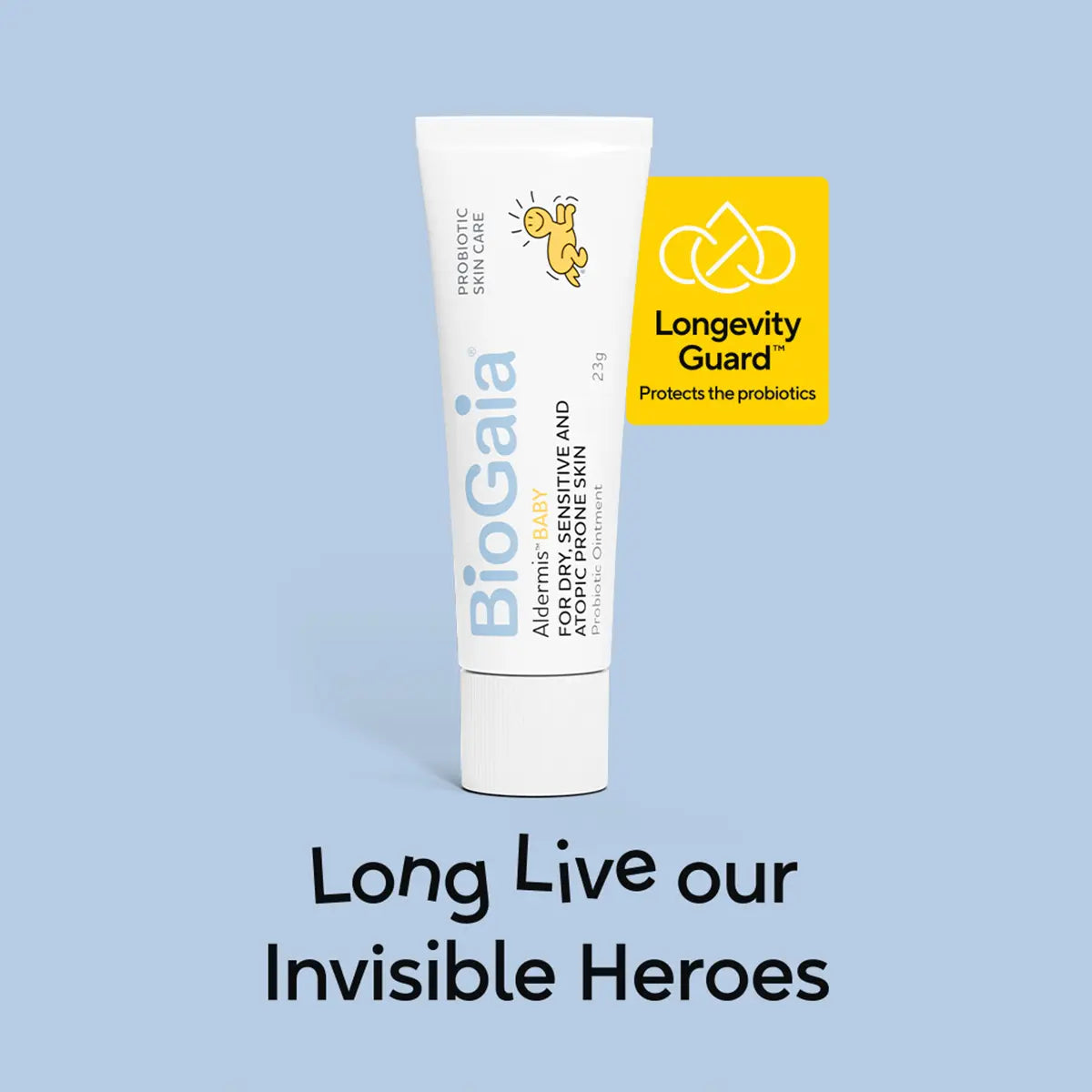 Biogaia skincare aldermis probiotic ointment skincare product with 'Longevity Guard' label on a blue background with Long Live our Invisible Heroes tagline.