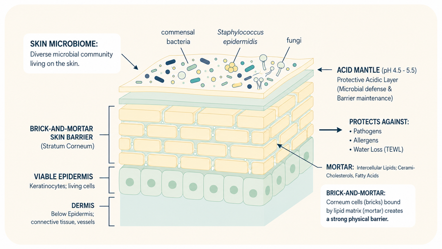 An educational infographic diagram of the human skin barrier and microbiome, showing a cross-section of the skin layers with labels pointing to the acid mantle, commensal bacteria, fungi, and various skin barrier components.