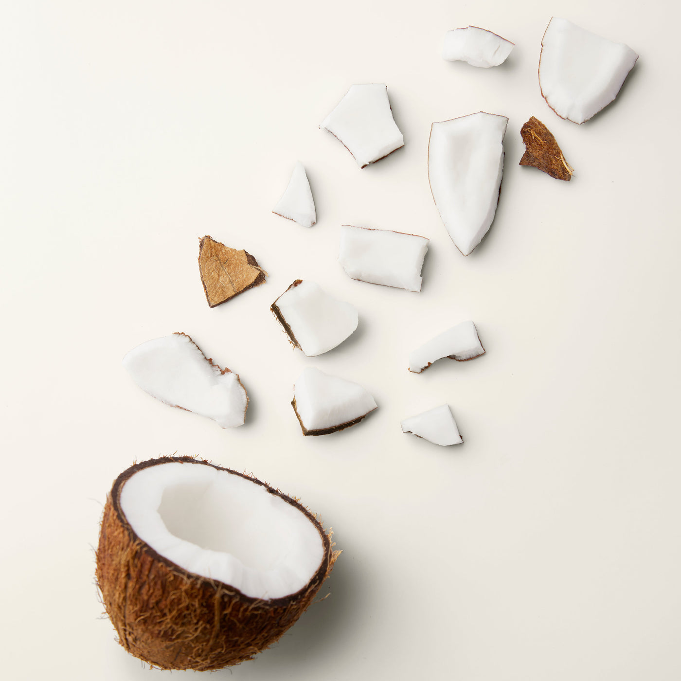 Organic cold-pressed coconut oil:
Coconut pieces and oil representing organic cold-pressed coconut oil.