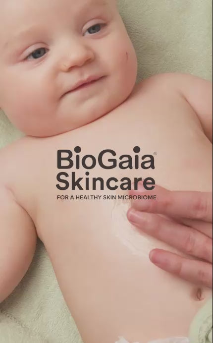 BioGaia Skincare hero video showing a baby receiving a gentle skincare massage, with close-ups of creamy textures, probiotic cultures and plant-based oils.