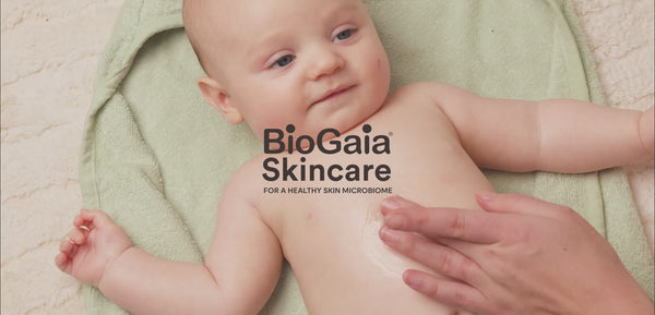 BioGaia Skincare hero video showing a baby receiving a gentle skincare massage, with close-ups of creamy textures, probiotic cultures and plant-based oils.